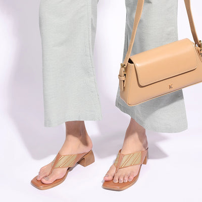 Tan Tribal Pattern Block Heel Square-Toe Thong Sandals