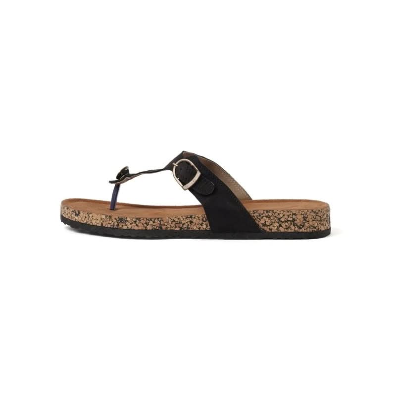 Jet Black Leather Buckled Thong Sandals