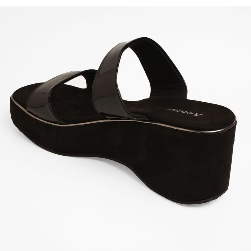 Shiny-Pop Black Open-Toe Wedge Heels