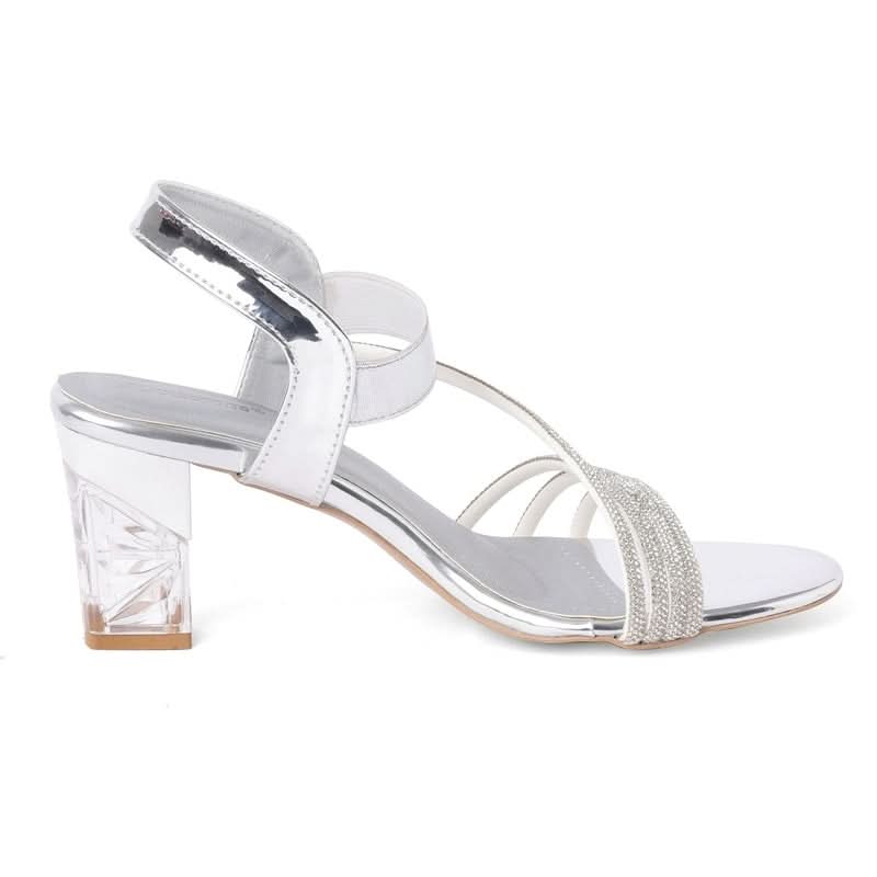 Sparkly Silver Block Heel Party Sandals