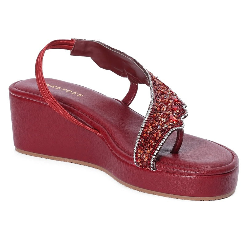 Crimson Handcrafted Stone & Sequin Wedge Sandals