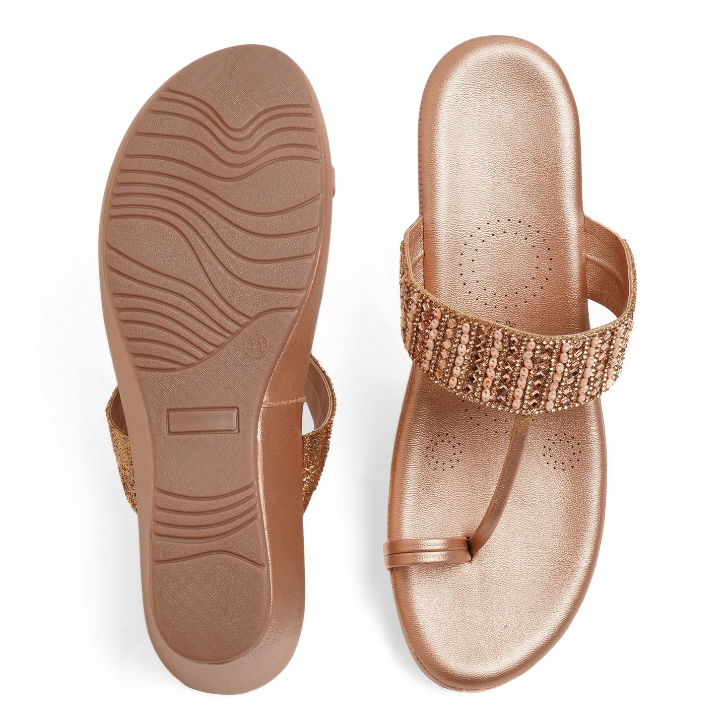 Elegant Zari Rose Gold Wedge Heel Sandals For Wedding Wear