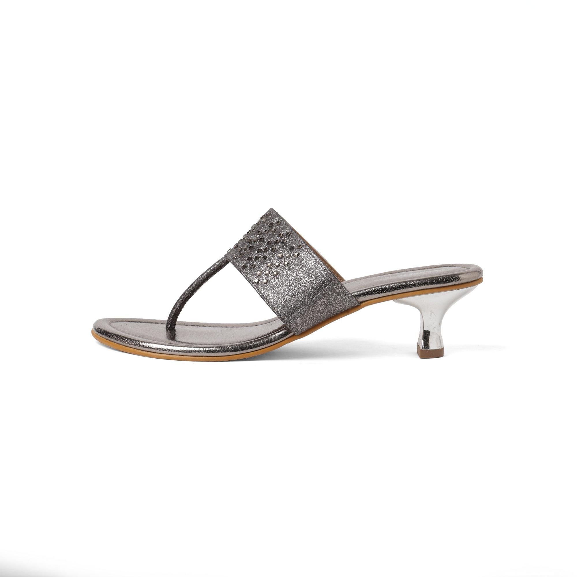 Sparkly Silver Embellished Kitten Thong Sandals