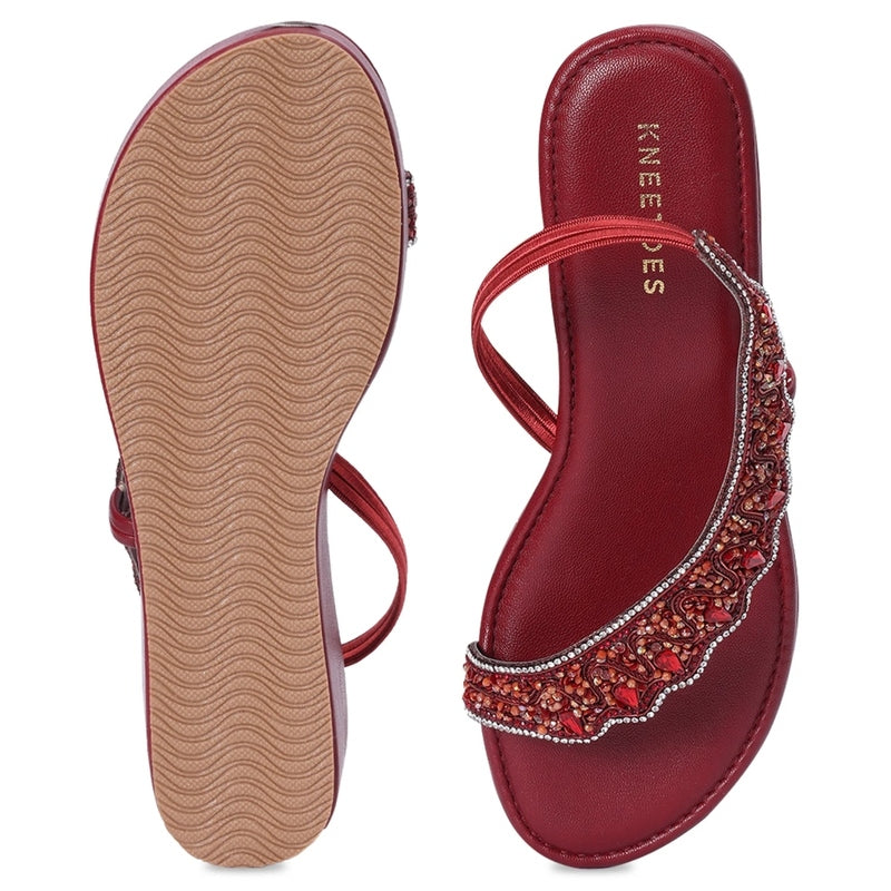 Crimson Handcrafted Stone & Sequin Wedge Sandals