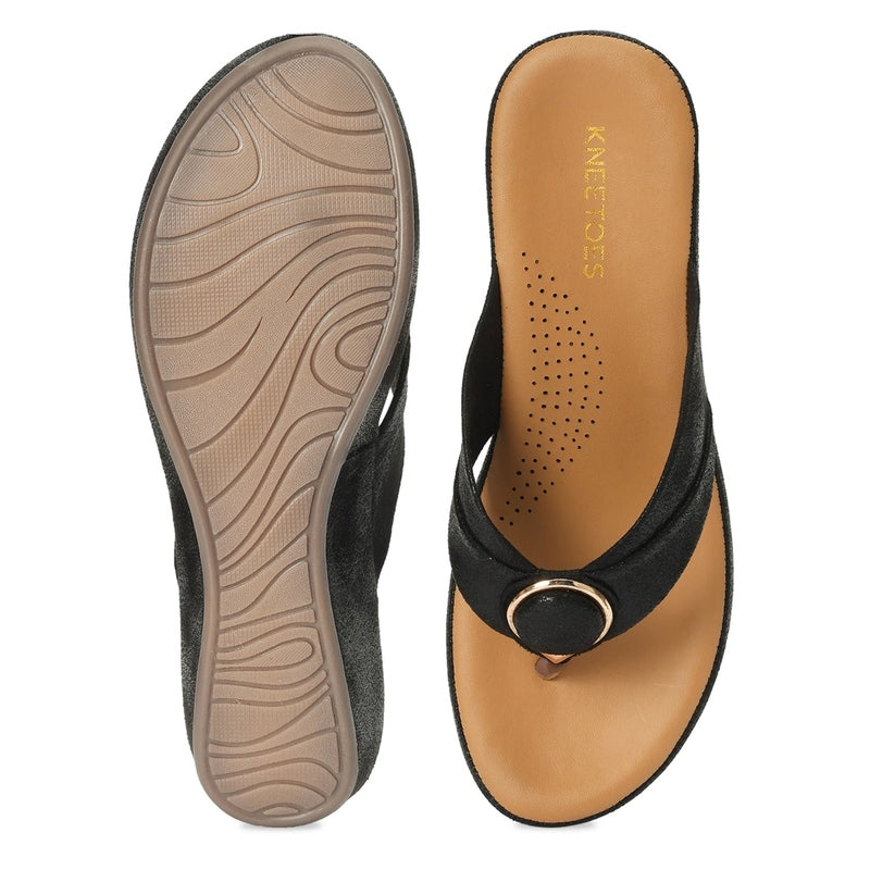 Black Matte Gold Buckle Wedge Sandals