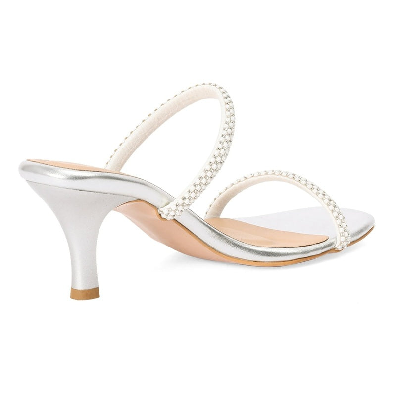 Silver Kitten Heel Square-Toe Sandals