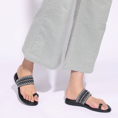 Embellished Black One-Toe Sandals