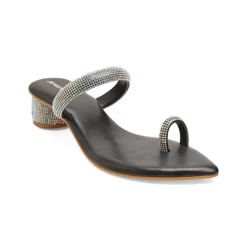 Twinkle Studs Black Cylindrical Heel Sandals