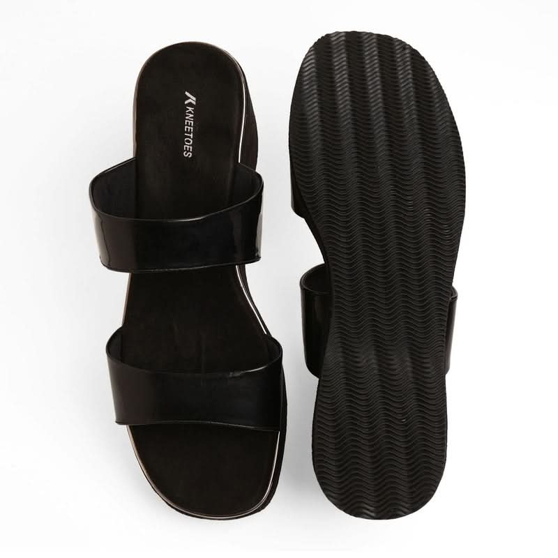 Shiny-Pop Black Open-Toe Wedge Heels