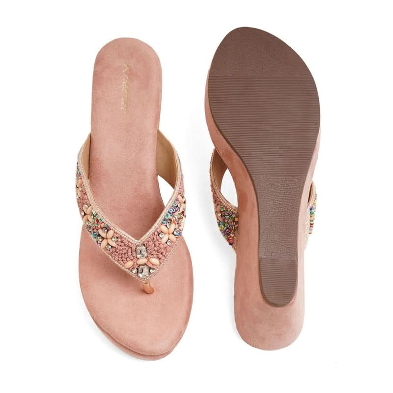 Light-Pink Stone-Work Beaded Wedge Sandals
