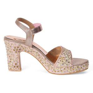 Premium Embellished Rose-Gold Block Heel Sandals