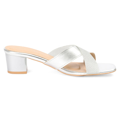 Metallic Silver Block Heel Square-Toe Sandals