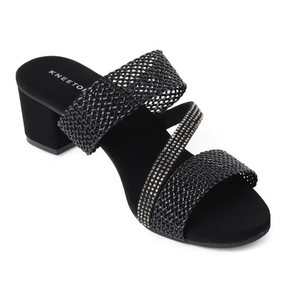 Black Stone-Work Braided Block Heels