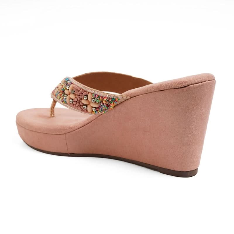 Light-Pink Stone-Work Beaded Wedge Sandals