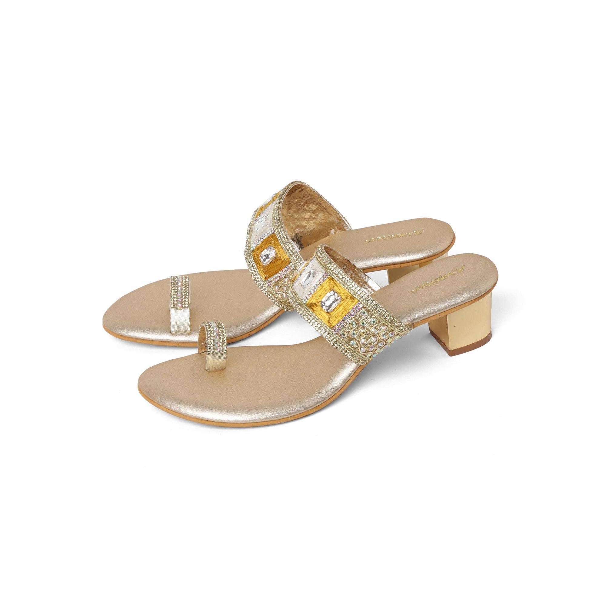 Glam Studded Champagne Block Heel Sandals