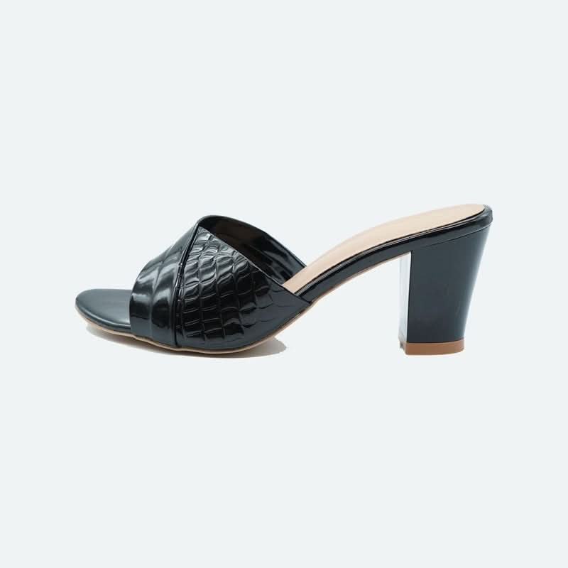 Black Textured Block Heel Sandals