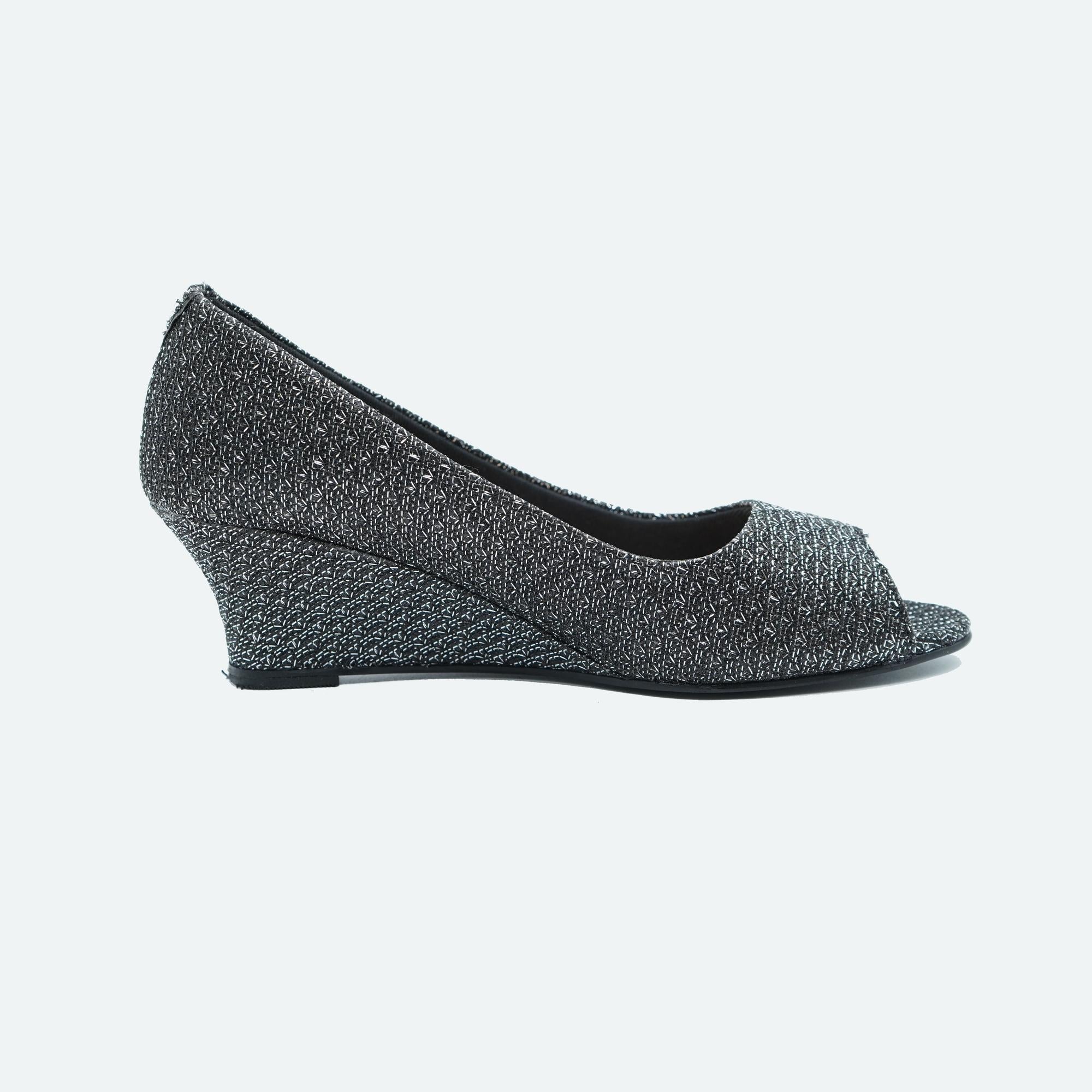 Shine Pop Black Peep-Toe Wedge Sandals