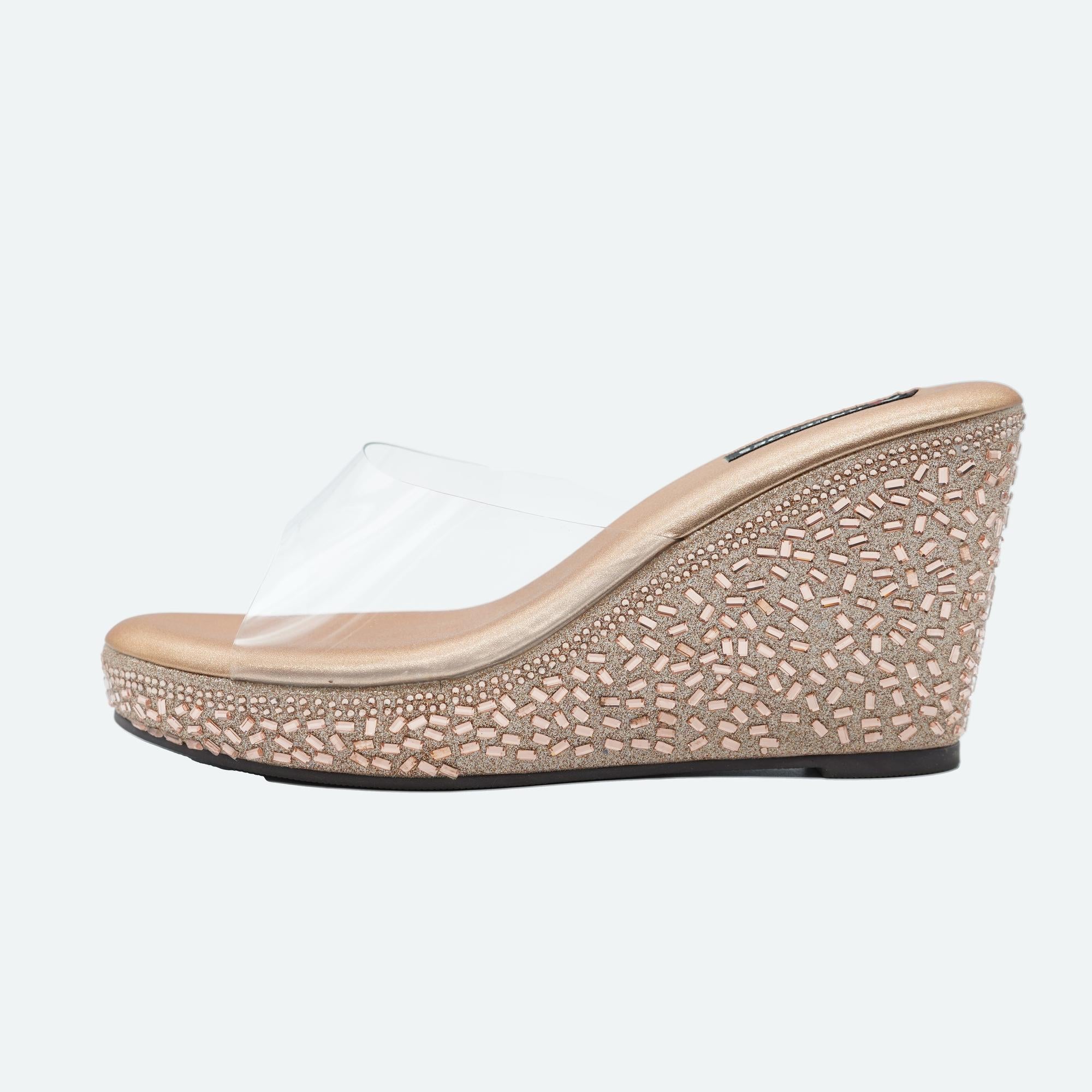 Luxe Shine Studded Champagne Wedge Heels
