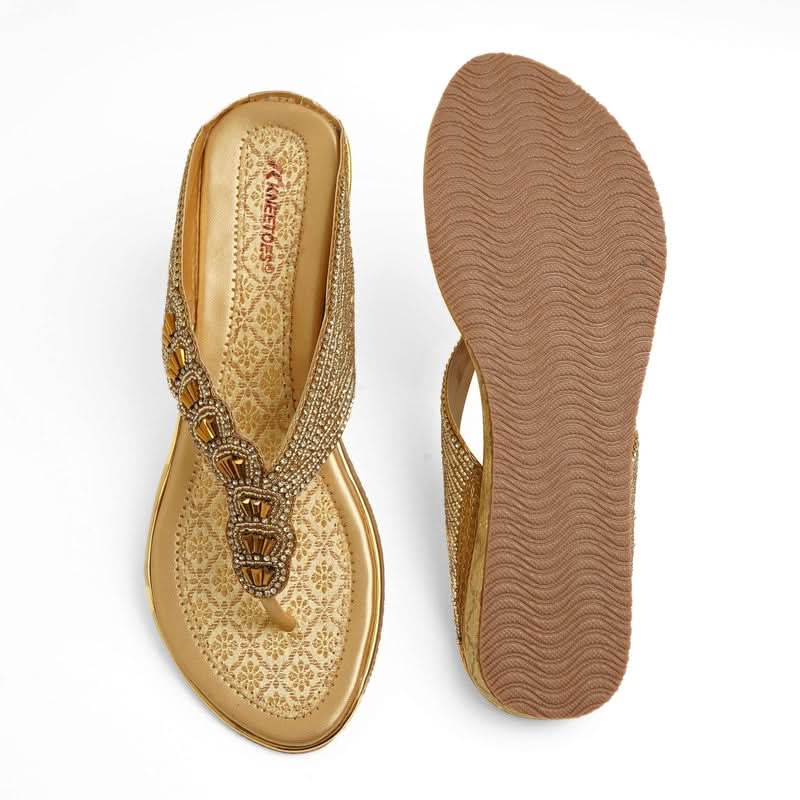 Luxe Beaded Gold Ethnic-Motif Thong Sandals