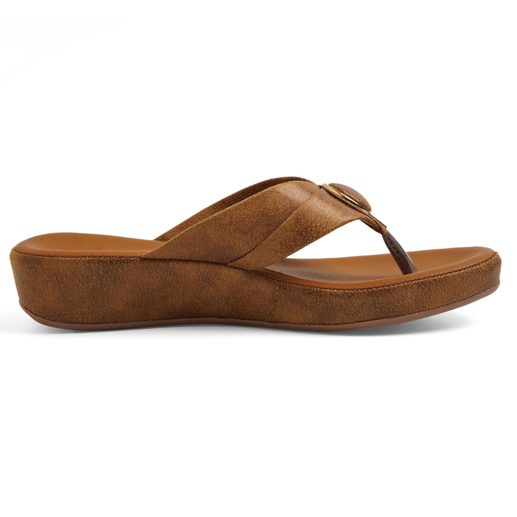 Subtle Brown Leather Wedge Thong Sandals