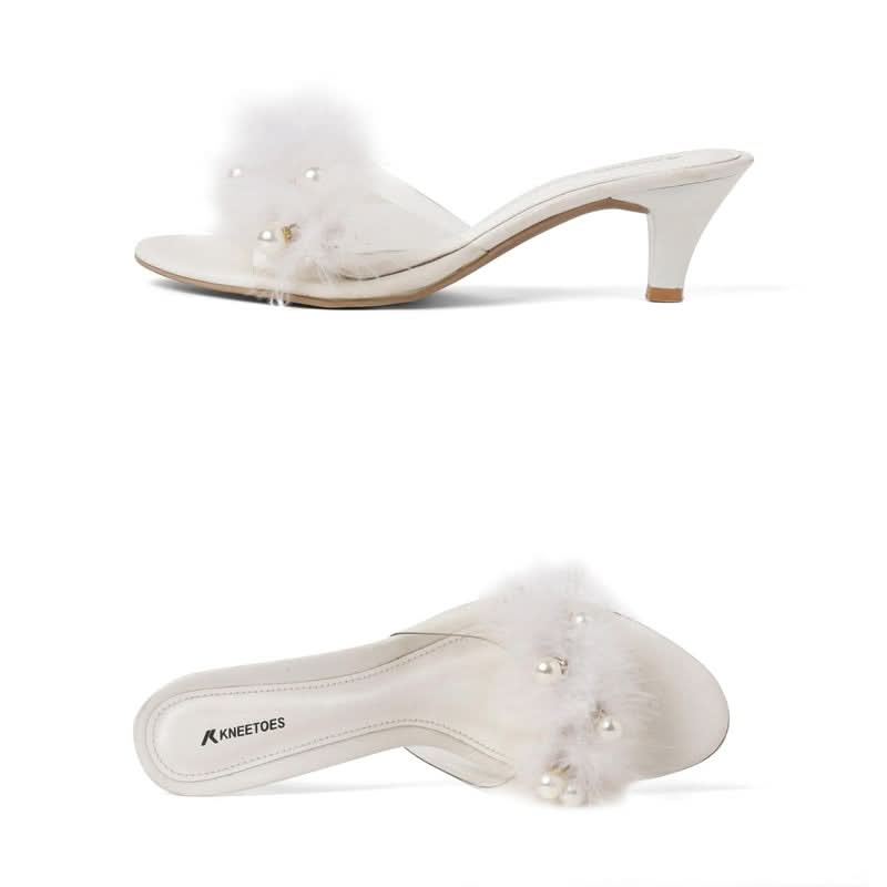 White Soft Fur pearl Kitten Heels
