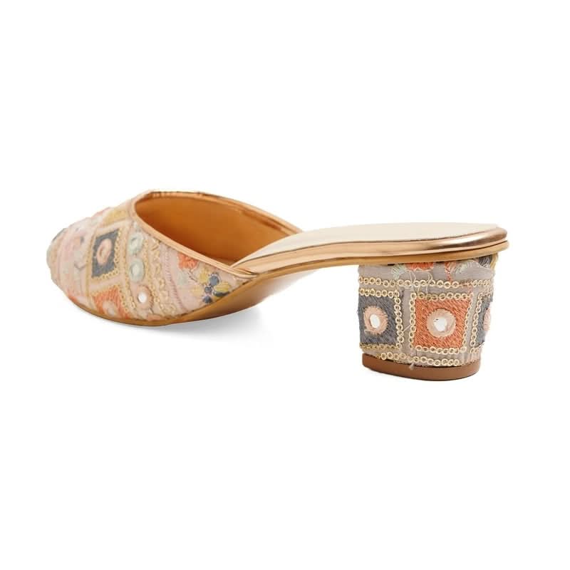 Fusion Embroidered Light-Pink Block Heel Mules