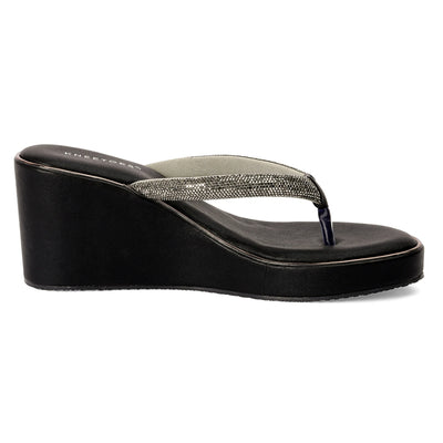 Embellished Black Wedge Heel Thong Sandals