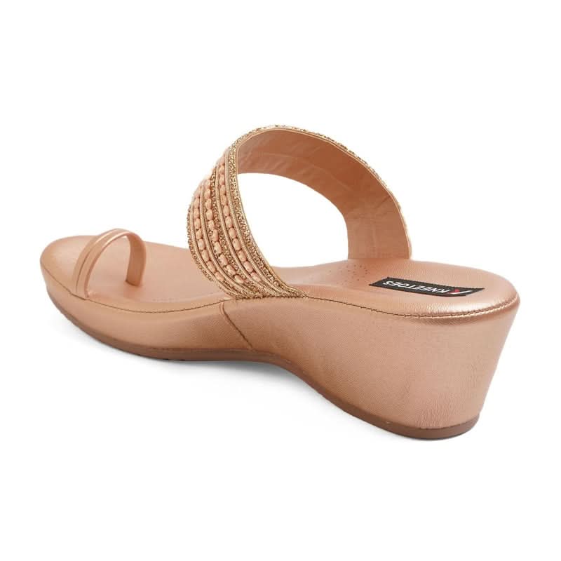 Rose-Gold Beaded Wedge One-Toe Sandals