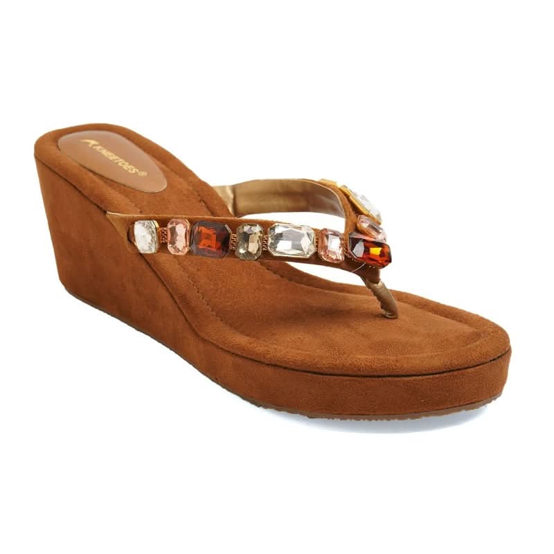 Gem-Studded Brown Wedge Party Sandals