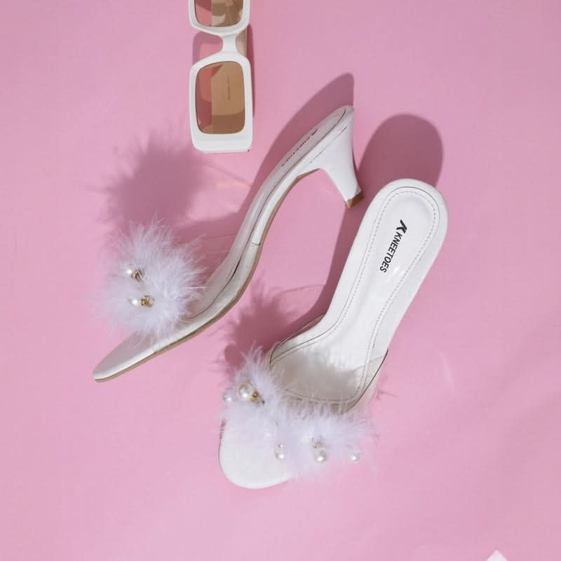 White Soft Fur pearl Kitten Heels