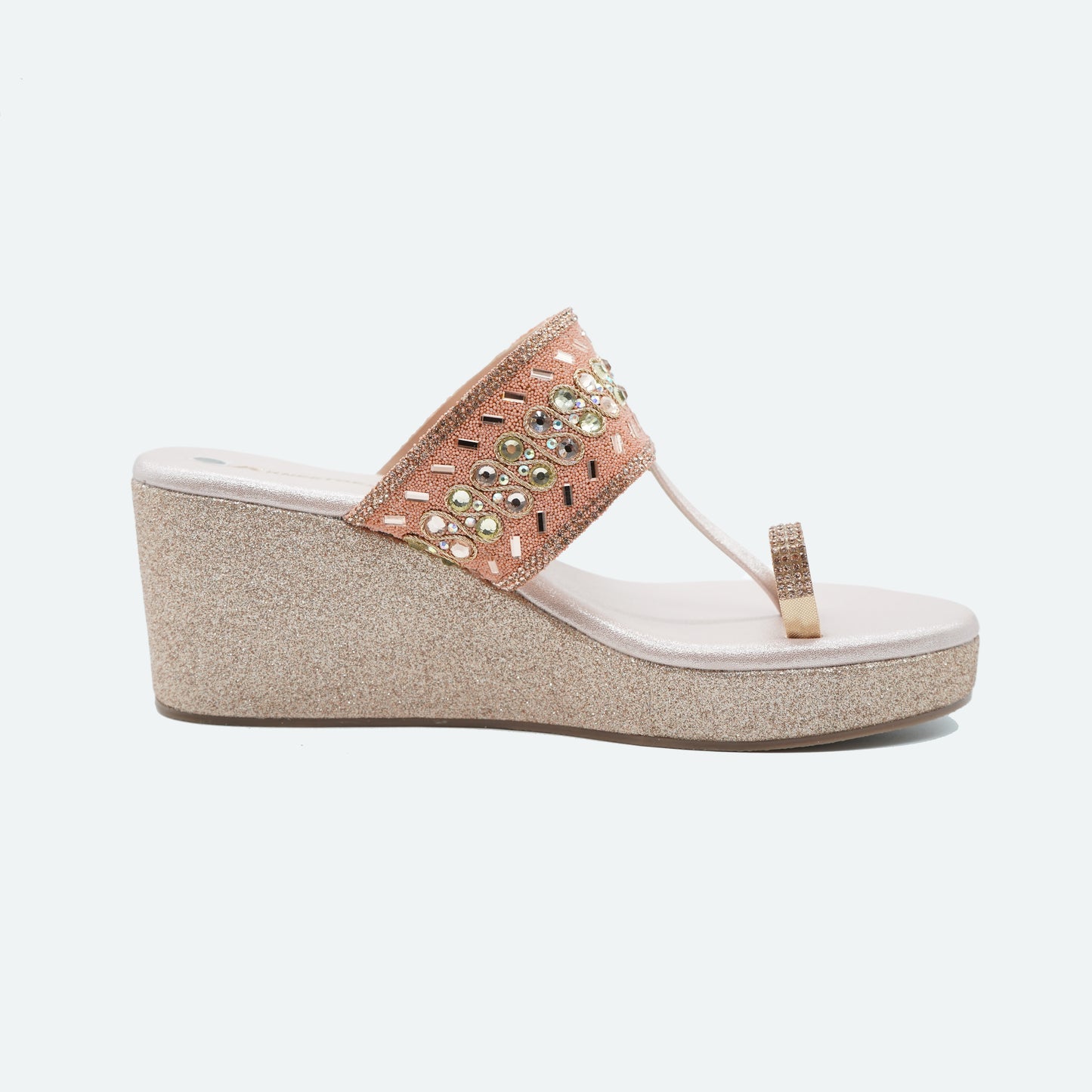 Elegant Shimmery Rose Gold Wedge Heel Slippers For Wedding Wear