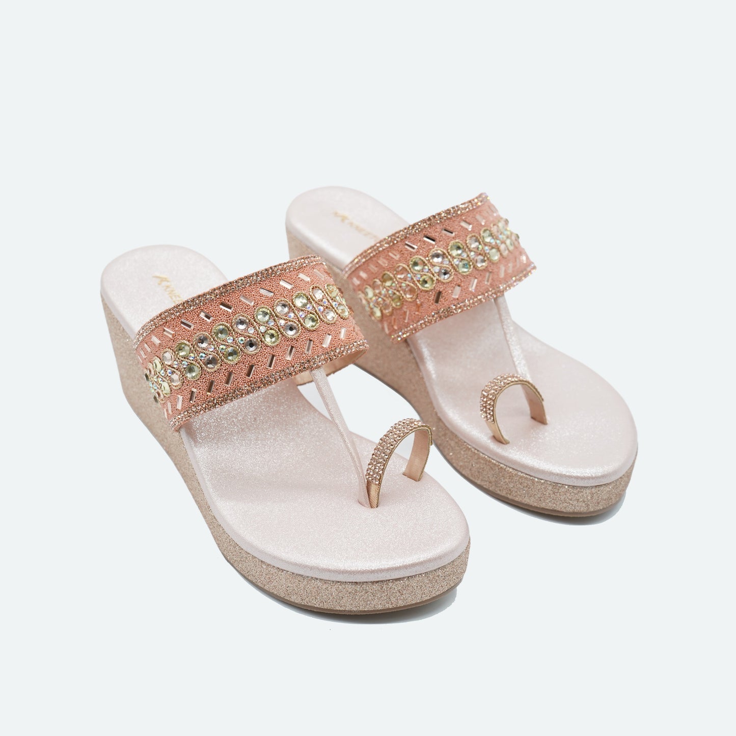 Elegant Stone work Gold Slipper featuring Toe strap Design for Wedding wear