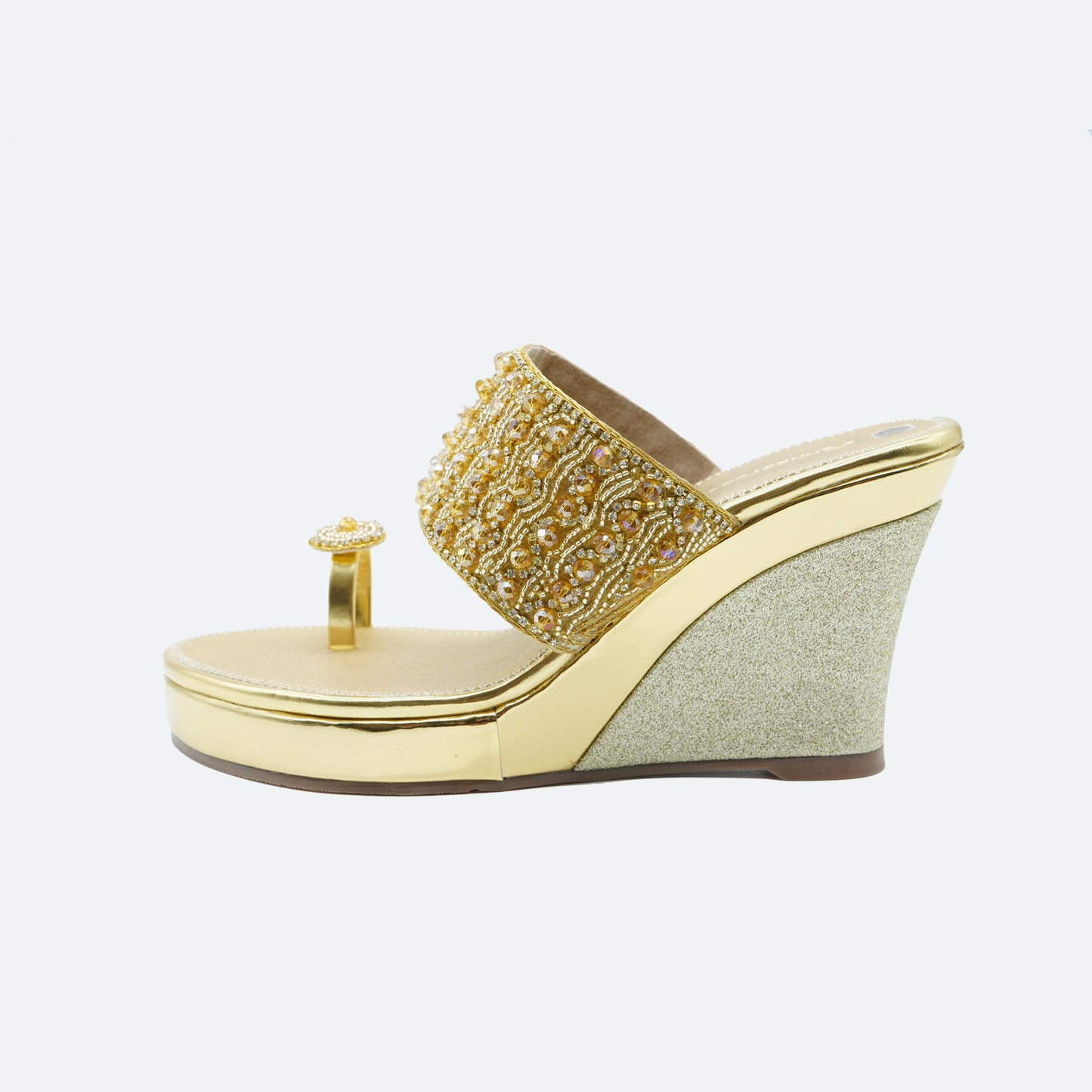 Elegant Glitter Gold Slipper featuring Toe ring Design for Wedding wear