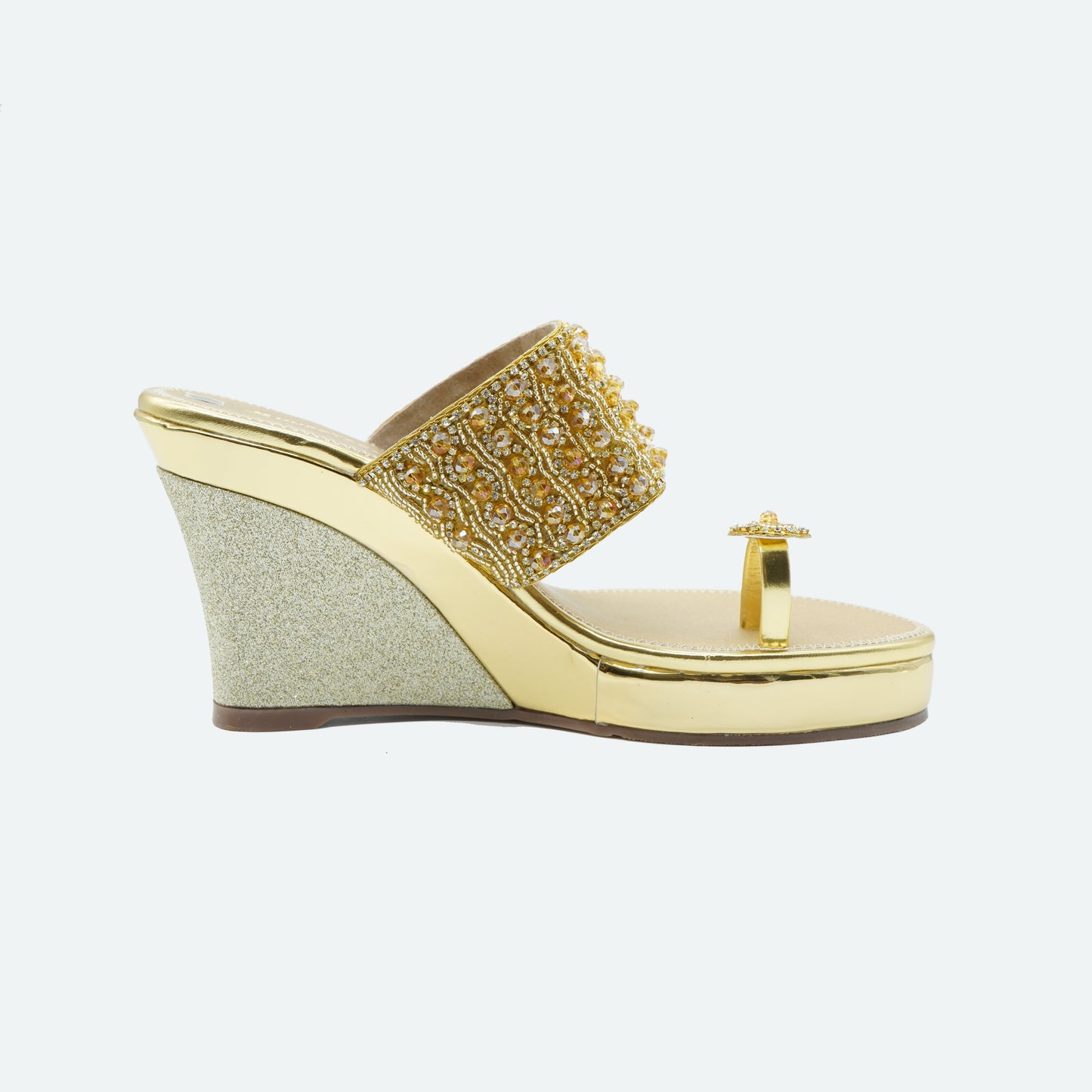 Elegant Glitter Gold Slipper featuring Toe ring Design for Wedding wear