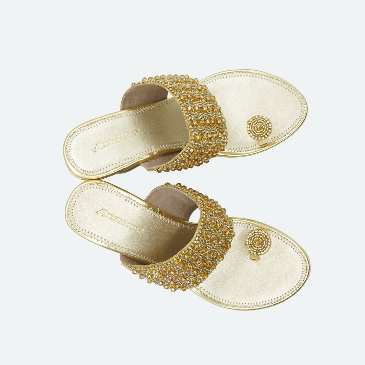 Elegant Glitter Gold Slipper featuring Toe ring Design for Wedding wear