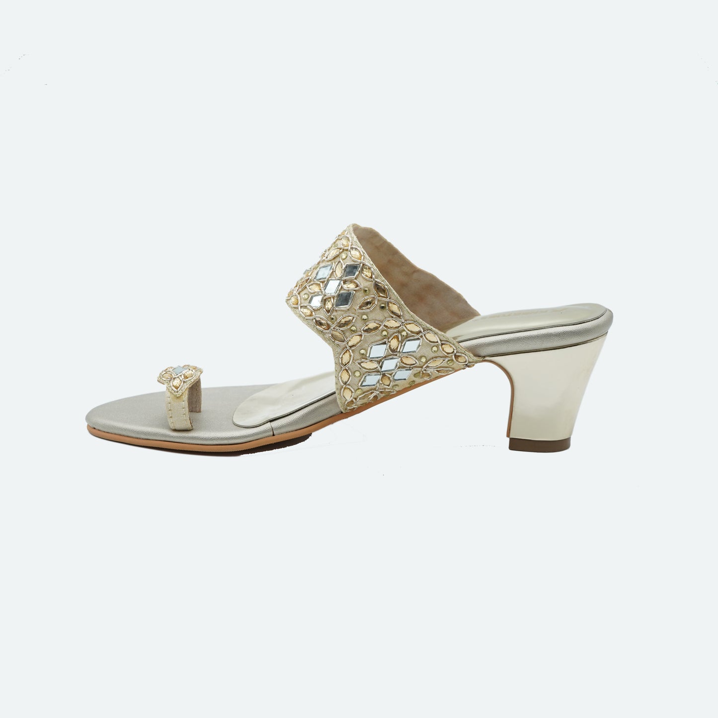 Trendy Stone work Gold Slipper featuring Toe strap Design for Party wear