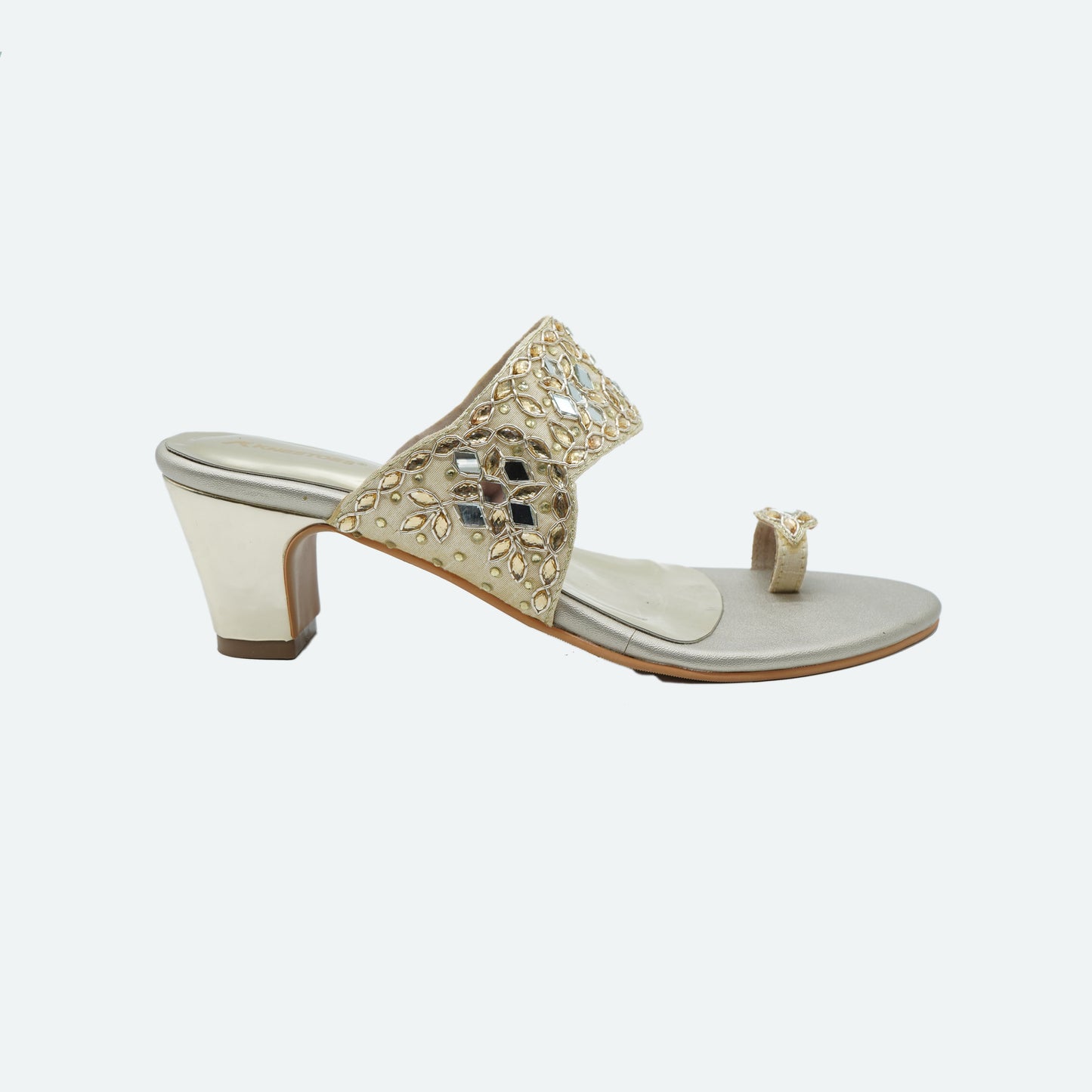 Trendy Stone work Gold Slipper featuring Toe strap Design for Party wear