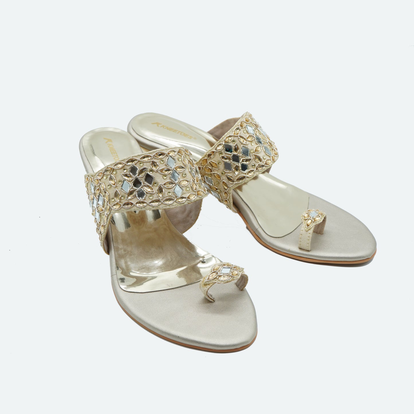 Trendy Stone work Gold Slipper featuring Toe strap Design for Party wear