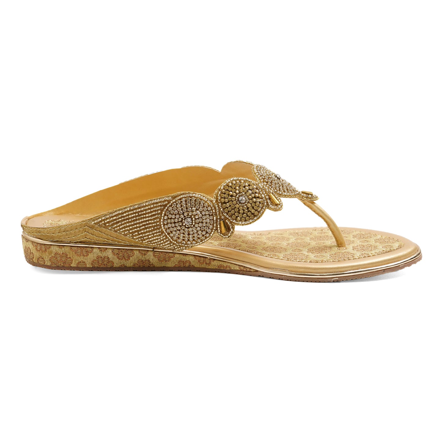 Exquisite Zari work Gold Flat Slippers For Wedding Wear