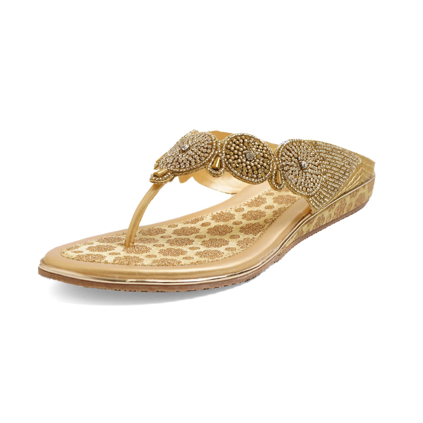 Exquisite Zari work Gold Flat Slippers For Wedding Wear