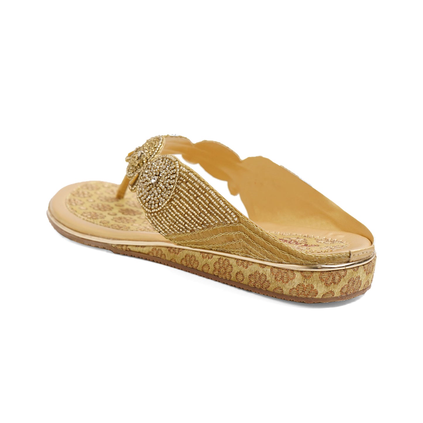 Exquisite Zari work Gold Flat Slippers For Wedding Wear