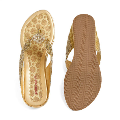 Exquisite Zari work Gold Flat Slippers For Wedding Wear