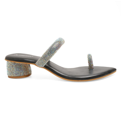 Exquisite Stone Embelished Black Round Heel Slippers For Party Wear