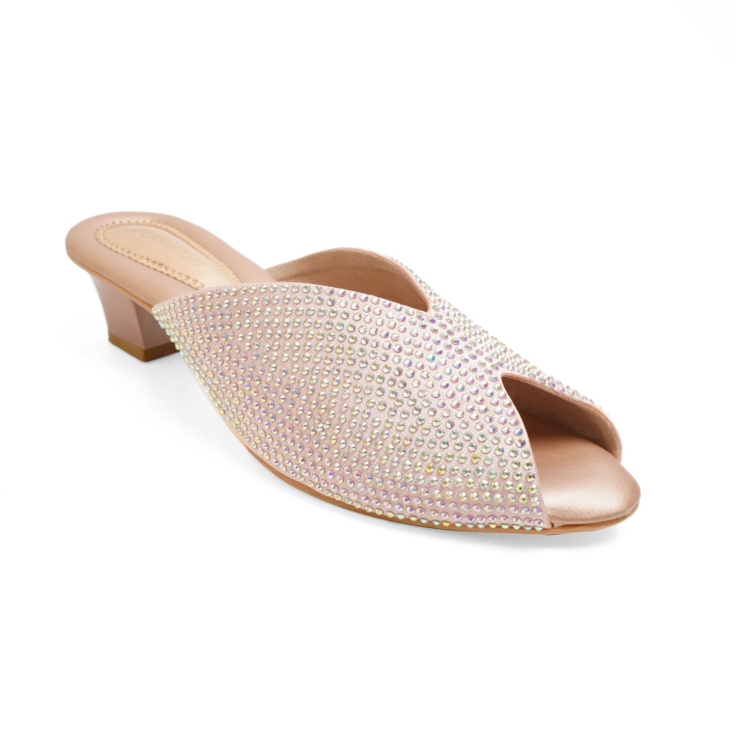 Elegant Stone Embelished Rose Gold Block Heel Slippers For Party Wear