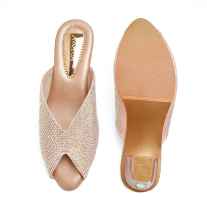 Elegant Stone Embelished Rose Gold Block Heel Slippers For Party Wear