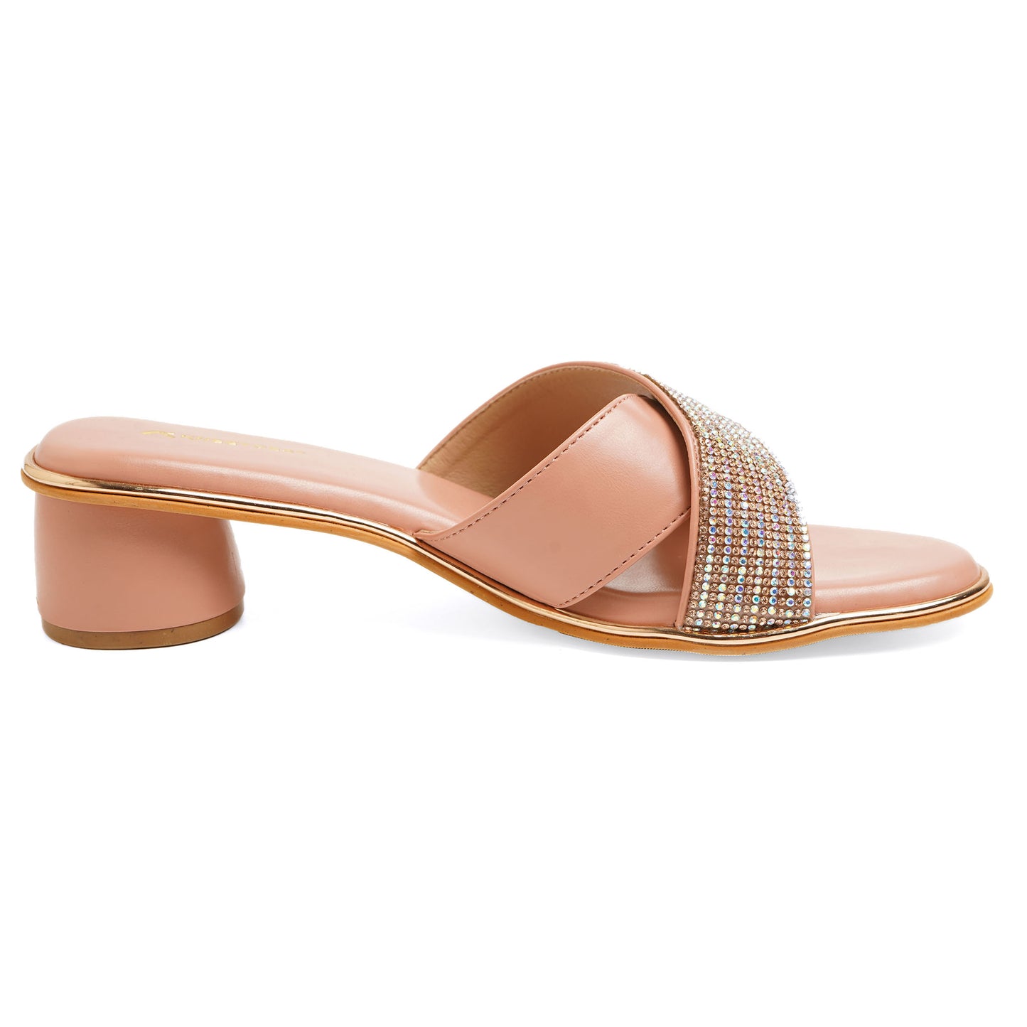 Snazzy Shimmery Peach Round Heel Slidders For Party Wear