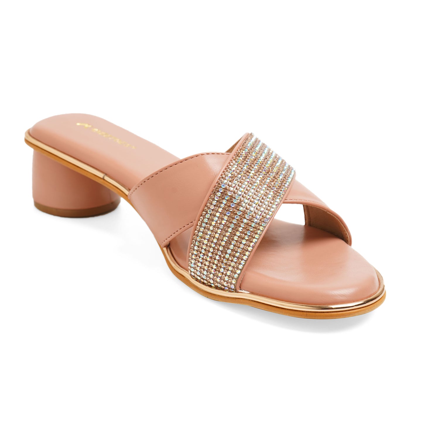 Snazzy Shimmery Peach Round Heel Slidders For Party Wear