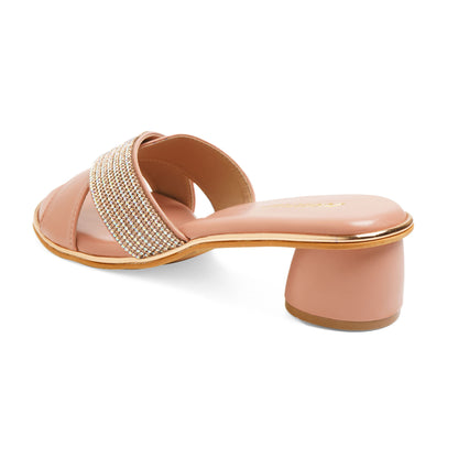 Snazzy Shimmery Peach Round Heel Slidders For Party Wear