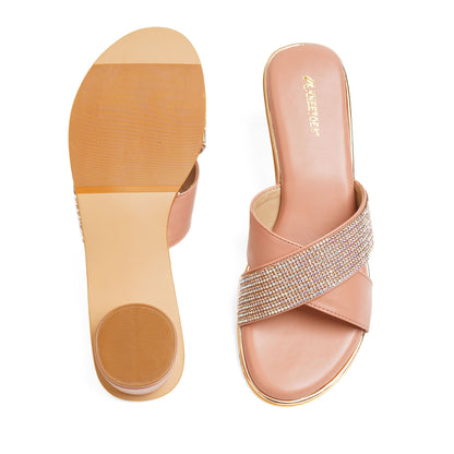 Snazzy Shimmery Peach Round Heel Slidders For Party Wear