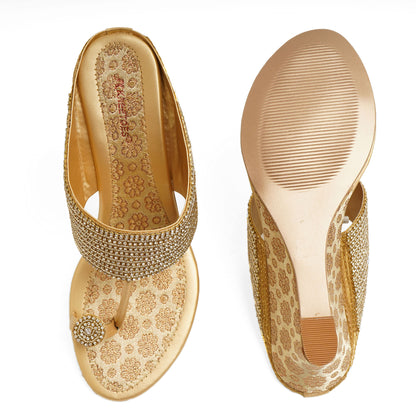 Exquisite Stone Embellished Gold Wedge Heel Slippers For Wedding Wear